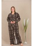 Büyük Beden Leopar Desenli Düğmeli Uzun Kol Viskon Pijama Takımı