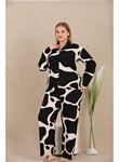 Büyük Beden Siyah Beyaz Desenli Düğmeli Uzun Kol Viskon Pijama Takımı