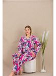 Büyük Beden Renkli Yaprak Desenli Düğmeli Uzun Kol Viskon Pijama Takımı