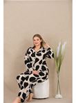 Büyük Beden Siyah Beyaz Kalp Desenli Düğmeli Uzun Kol Viskon Pijama Takımı