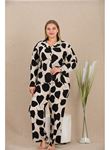 Büyük Beden Siyah Beyaz Kalp Desenli Düğmeli Uzun Kol Viskon Pijama Takımı