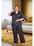 Büyük Beden Şık Tasarım Siyah Çizgili Düğmeli Kısa Kol Lüx Saten Pijama Takımı