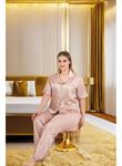 Büyük Beden Şık Tasarım Vizon Çizgili Düğmeli Kısa Kol Lüx Saten Pijama Takımı