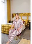 Büyük Beden Şık Tasarım Pembe Siyah Çizgili Düğmeli Kısa Kol Lüx Saten Pijama Takımı
