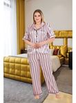 Büyük Beden Şık Tasarım Pembe Siyah Çizgili Düğmeli Kısa Kol Lüx Saten Pijama Takımı