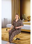 Büyük Beden Şık Tasarım Leopar Desenli Düğmeli Kısa Kol Lüx Saten Pijama Takımı