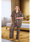 Büyük Beden Şık Tasarım Leopar Desenli Düğmeli Kısa Kol Lüx Saten Pijama Takımı
