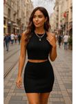 Kadın Sıfır Kol Crop Mini Etek Ikili Triko Takım