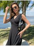 Kadın Ithal Krep Kumaş Kruvaze Yaka Eteği Kloş Kolsuz Mini Elbise