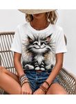 Kadın Kısa Kollu Bisiklet Yaka Kedi Baskılı Süprem Bluz