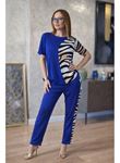 Kadın Kısa Kollu Bisiklet Yaka Zebra Desen Bluz Ve Pantolon Ikili Takım