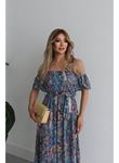 Kadın Kısa Kollu Madonna Yaka Fırfırlı Belden Yırtmaçlı Maksi Süprem Elbise