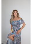 Kadın Kısa Kollu Madonna Yaka Fırfırlı Belden Yırtmaçlı Maksi Süprem Elbise