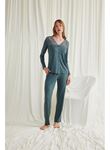 Yakası Omzu ve Paçası Dantelli Boydan Düğmeli Pijama Takımı