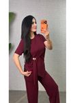 Kadın Kısa Kollu Bisiklet Yaka Yandan Toka Detaylı Viskon Iki Iplik Bluz Ve Pantolon Ikili Takım
