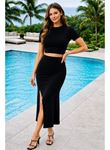 Kadın Kısa Kollu Yuvarlak Yakalı Sandy Krop Bluz Ve Yırtmaçlı Midi Sandy Ikili Takım