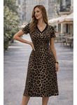 Kadın Kısa Kollu V Yakalı Leopar Desenli Kısa Süprem Elbise