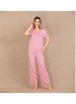 Viskon Şık Tasarım Dantel İşlemeli Pembe Kısa Kol Pijama Takımı