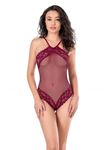Dantel İşlemeli Bordo File Tül Bodysuit