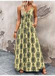 Kadın Ip Askılı V Yakalı önden Düğmeli Desenli Uzun Süprem Elbise
