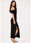Kadın Madonna Yakalı Belden Büzgülü Yandan Yırtmaçlı Midi Sandy Elbise