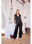 Dantelli ve Tüllü Uzun Kollu Önü Düğmeli Saten Pijama Takımı