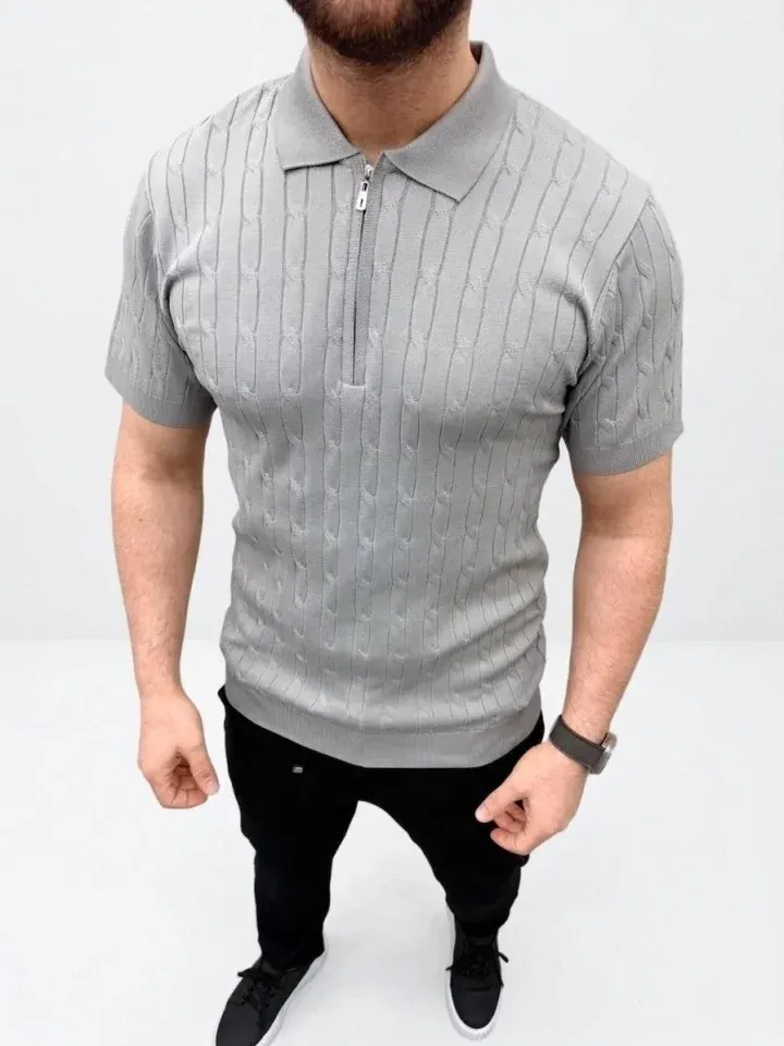 Erkek Yazlık Triko Saç Örgü Tişört Kısa Kol Polo Yaka Fermuarlı T-Shirt - Gri