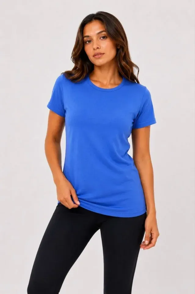 Basic Bisiklet Yaka Yazlık Slim Fit T-Shirt - Mavi - Hardal Sarısı