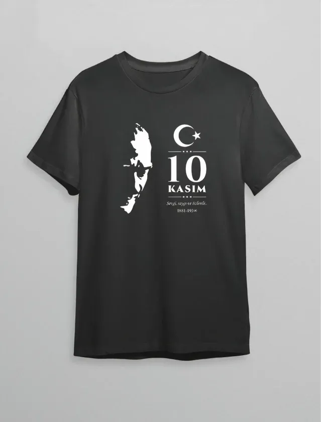 10 Kasım Atatürk Anma Günü Silüet Baskılı Oversize Bisiklet Yaka T-shirt - Siyah