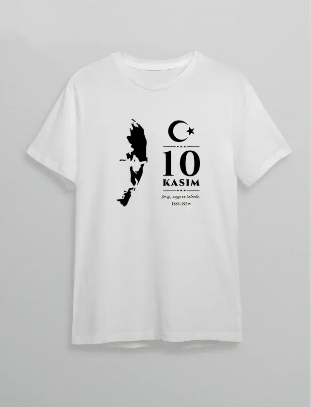 10 Kasım Atatürk Anma Günü Silüet Baskılı Oversize Bisiklet Yaka T-shirt - Beyaz