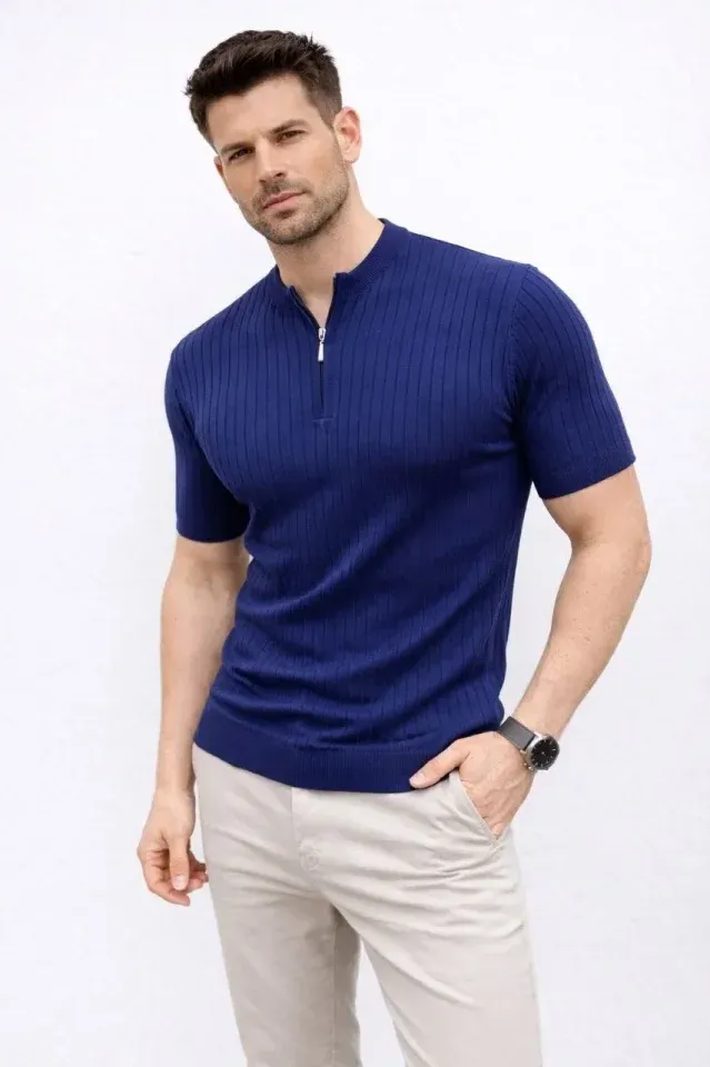 Erkek Kısa Kol Fitilli Triko T-Shirt Yazlık Hakim Yaka Tişört - Lacivert