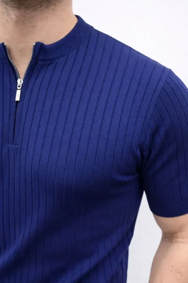 Erkek Kısa Kol Fitilli Triko T-Shirt Yazlık Hakim Yaka Tişört - Lacivert