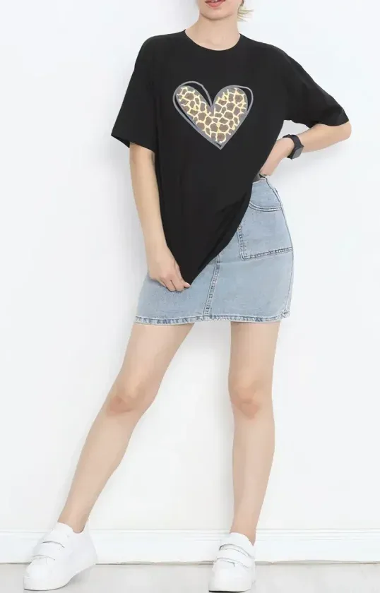 14 Şubat Sevgililer Günü Leopar Kalp Baskılı Oversize Bisiklet Yaka T-shirt - Siyah