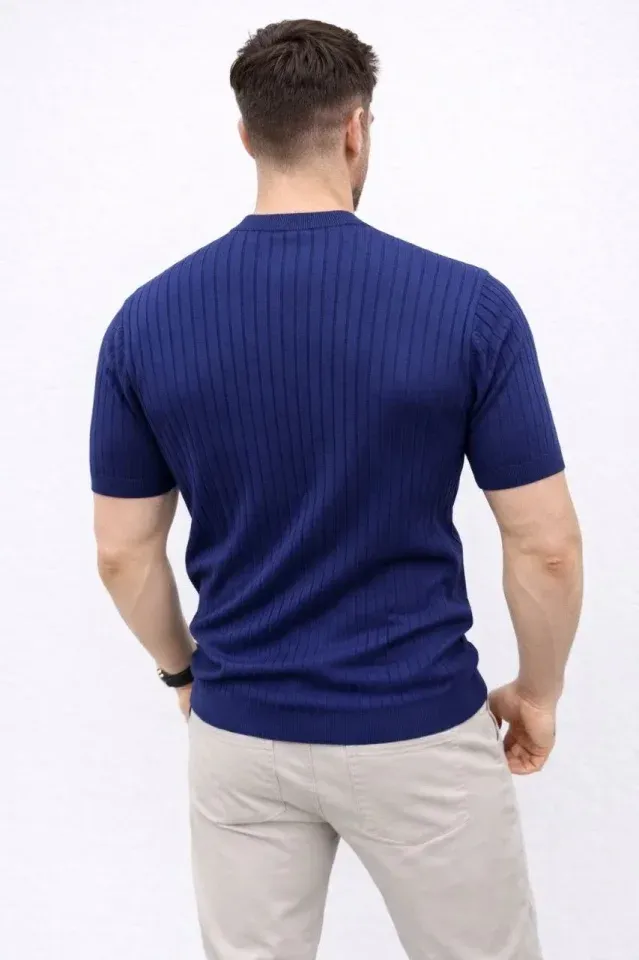 Erkek Kısa Kol Fitilli Triko T-Shirt Yazlık Hakim Yaka Tişört - Lacivert