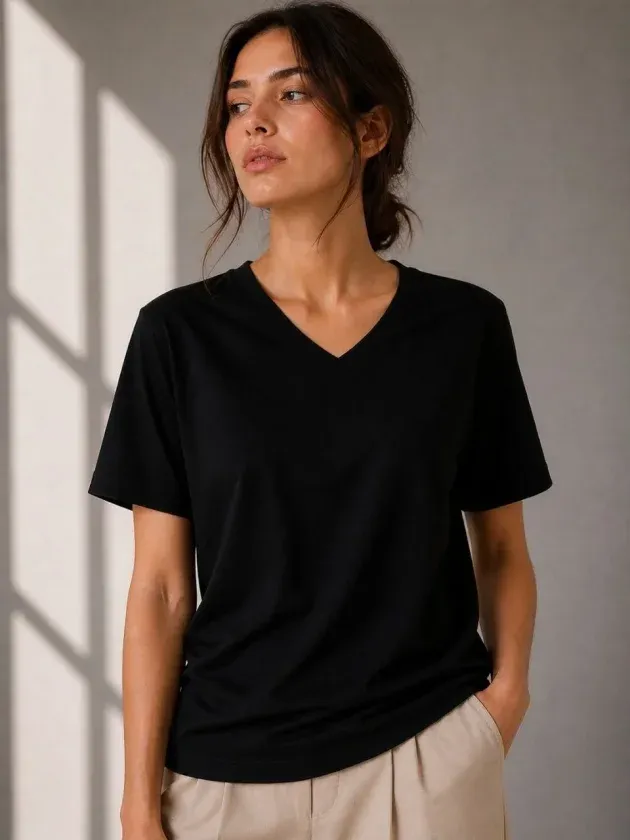V Yaka Basic Tişört Kısa Kol Yazlık Regular Fit T-Shirt - Siyah