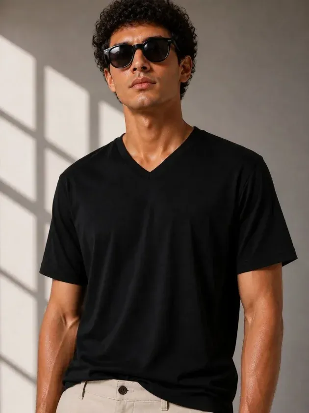 Erkek V Yaka Basic Tişört Kısa Kol Yazlık Regular Fit T-Shirt - Siyah