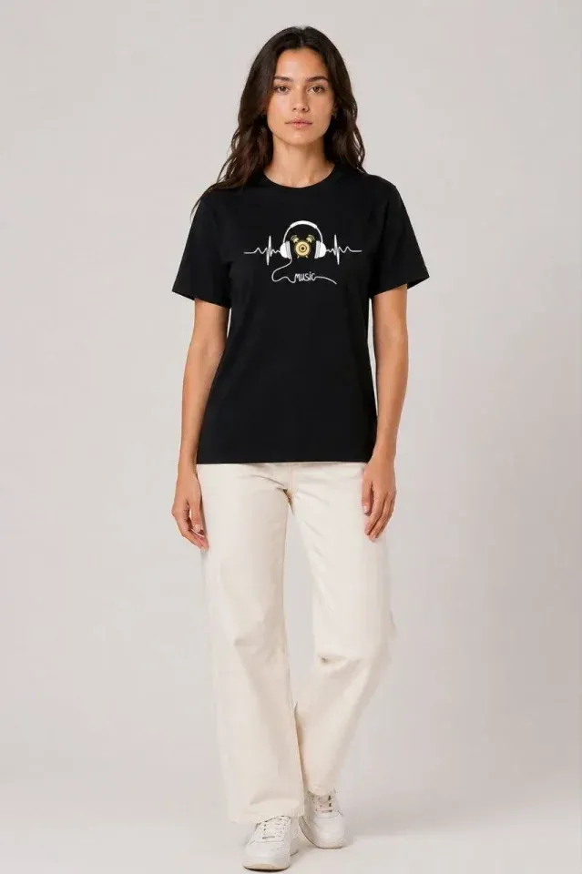 Müzik Temalı Baskılı Tişört Bisiklet Yaka Kısa Kol T-Shirt - Siyah