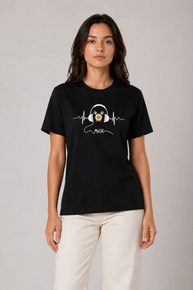 Müzik Temalı Baskılı Tişört Bisiklet Yaka Kısa Kol T-Shirt - Siyah