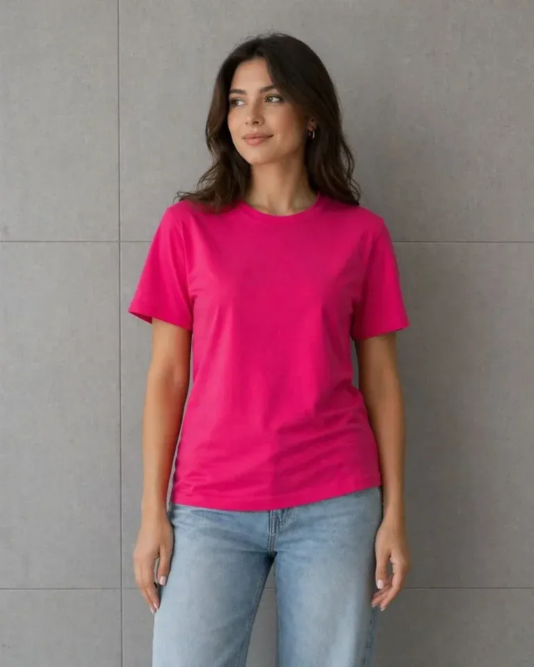 Basic Pamuklu Tişört Bisiklet Yaka Düz Renk Relaxed Fit T-Shirt - Fuşya