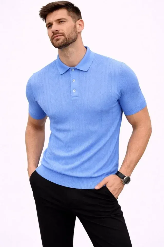Erkek Yazlık Triko Tişört Kısa Kol Polo Yaka Düğmeli T-Shirt - Bebek Mavisi