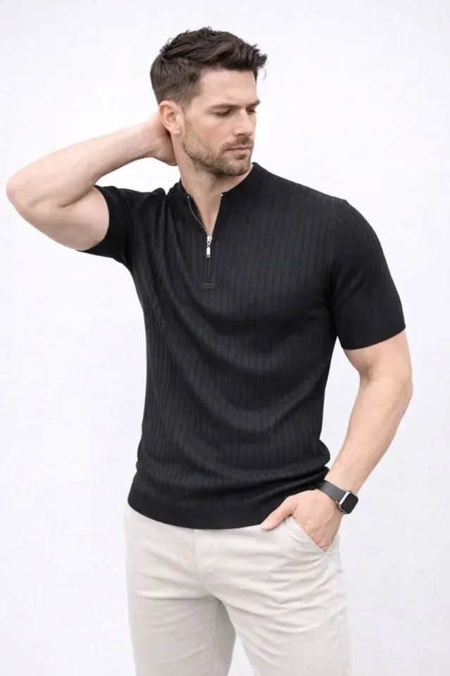 Erkek Kısa Kol Fitilli Triko T-Shirt Yazlık Hakim Yaka Tişört - Siyah