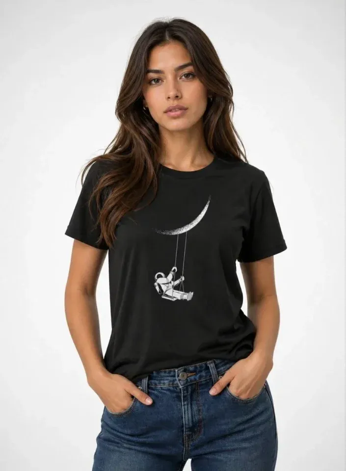Astronot Ay Temalı Tişört Kısa Kol Yazlık Bisiklet Yaka T-Shirt - Siyah