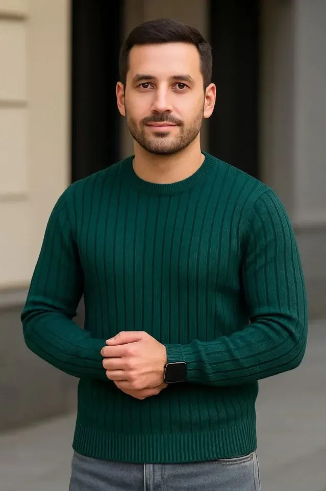 Erkek Fitilli Triko Kazak 2’li Set Siyah Haki Kalın Dokuma Pamuklu Regular Fit Bisiklet