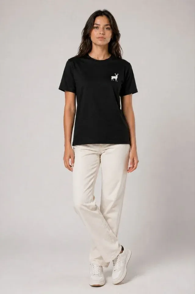 Minimal Geyik Logolu Tişört Bisiklet Yaka Kısa Kol Yazlık T-Shirt - Siyah