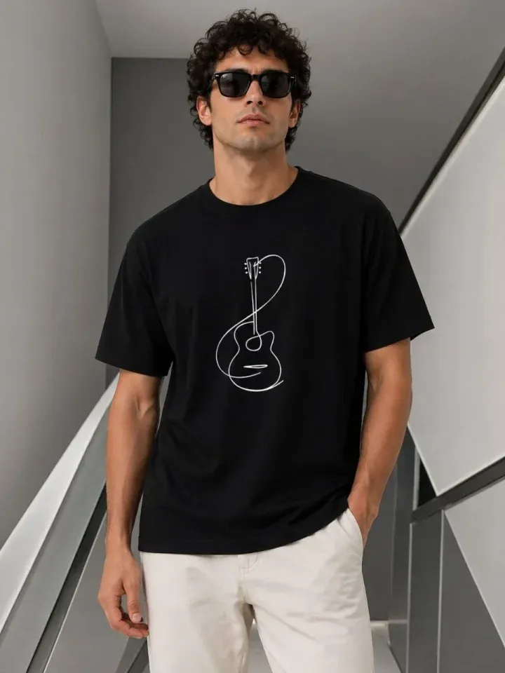 Erkek Minimal Gitar Baskılı Tişört T-Shirt Yazlık Kısa Kol Bisiklet Yaka T-Shirt - Siyah