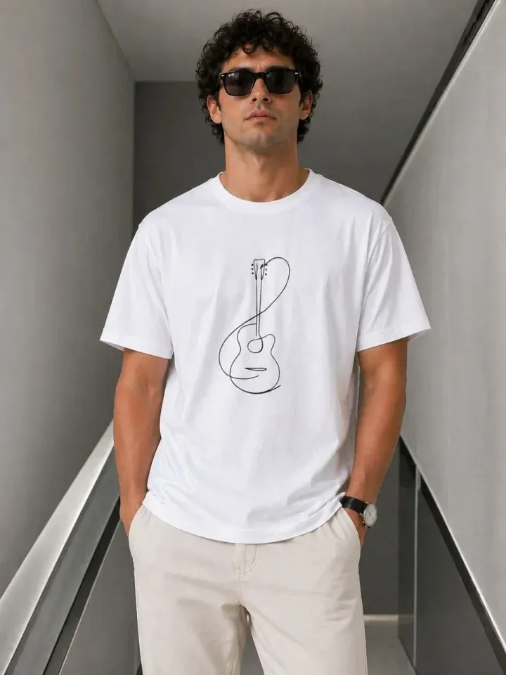Erkek Minimal Gitar Baskılı Tişört T-Shirt Yazlık Kısa Kol Bisiklet Yaka T-Shirt - Beyaz