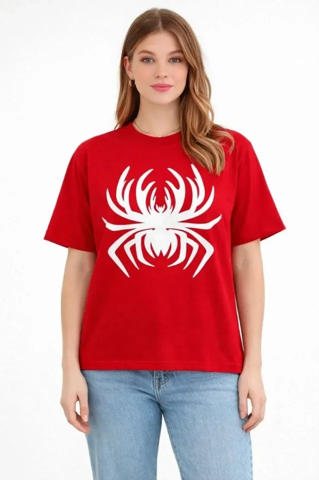 Örümcek Baskılı Tişört Kısa Kollu Bisiklet Yaka T-Shirt - Kırmızı