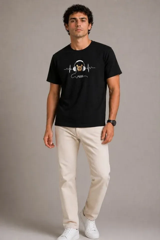 Erkek Müzik Temalı Baskılı Tişört Bisiklet Yaka Kısa Kol T-Shirt - Siyah