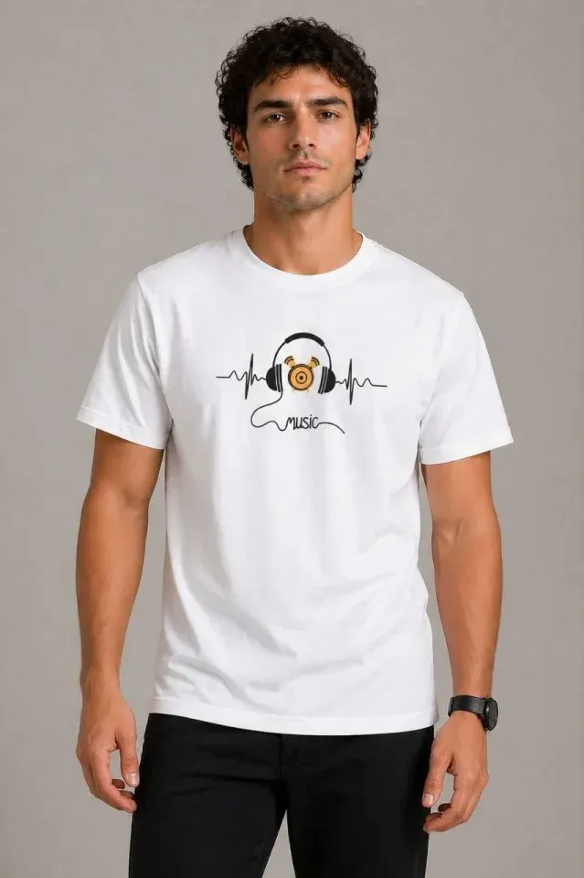 Erkek Müzik Temalı Baskılı Tişört Bisiklet Yaka Kısa Kol T-Shirt - Beyaz