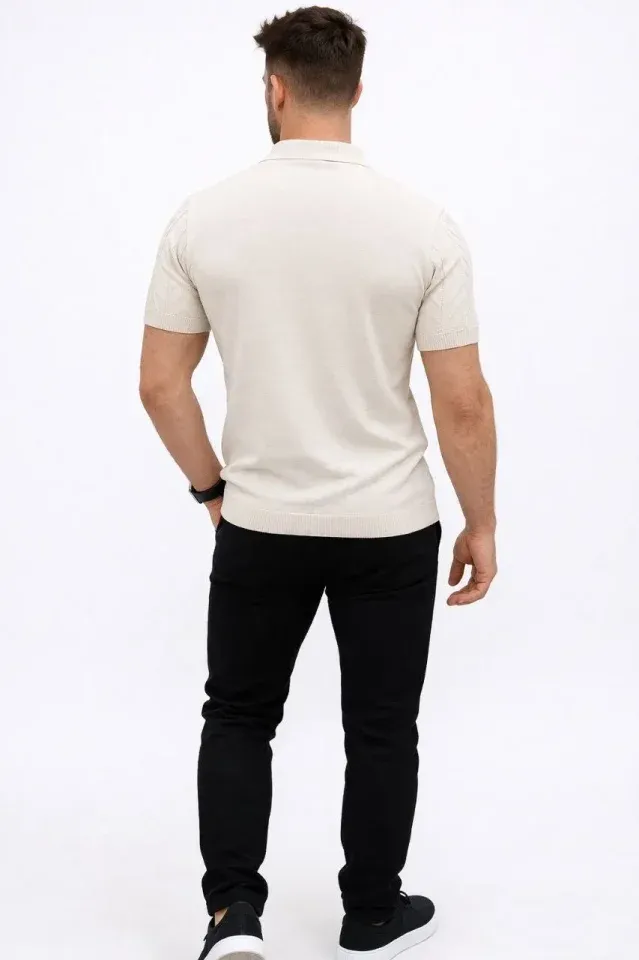 Erkek Yazlık Triko Tişört Kısa Kol Polo Yaka Düğmeli T-Shirt - Krem